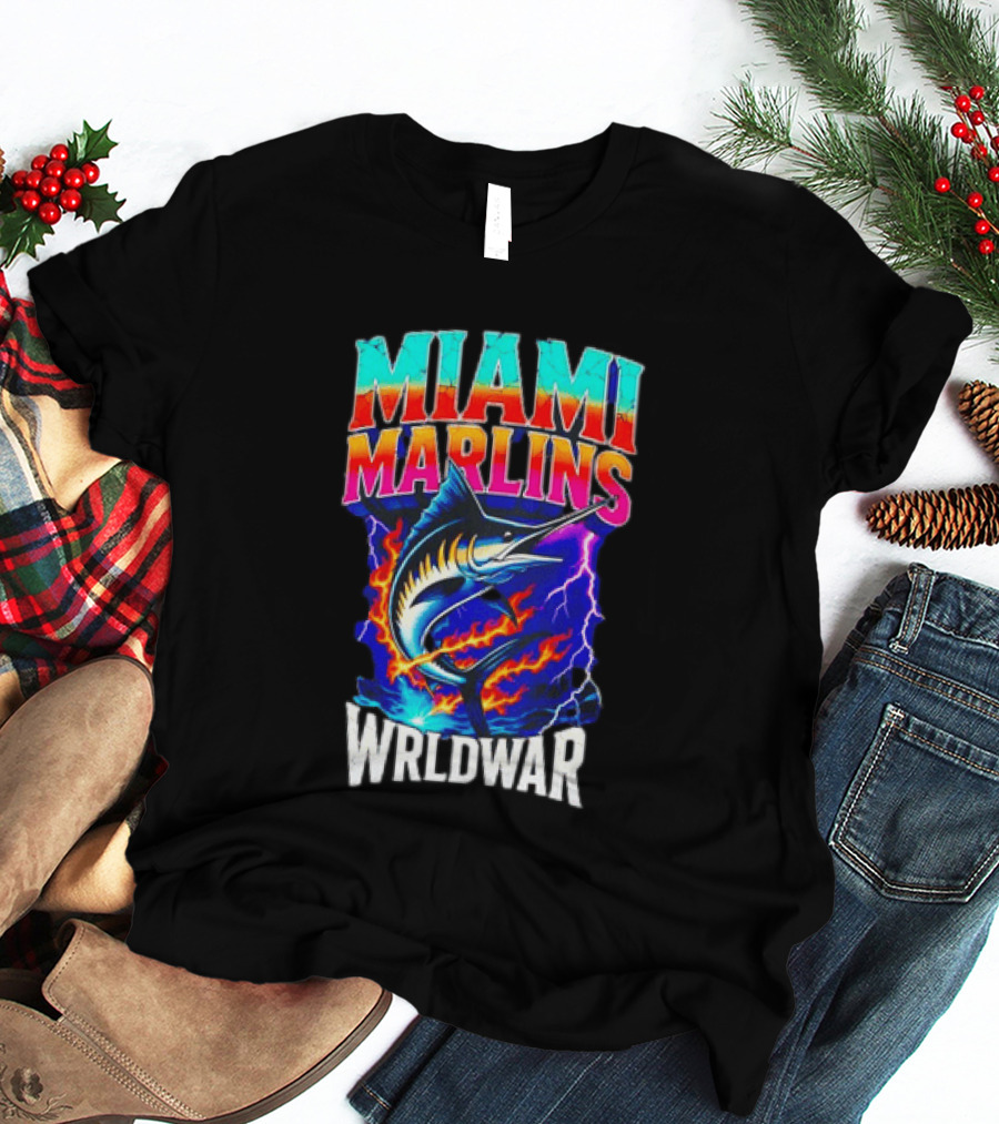 Miami Marlins Wrldwar Lightning Flame Marlin T-Shirt