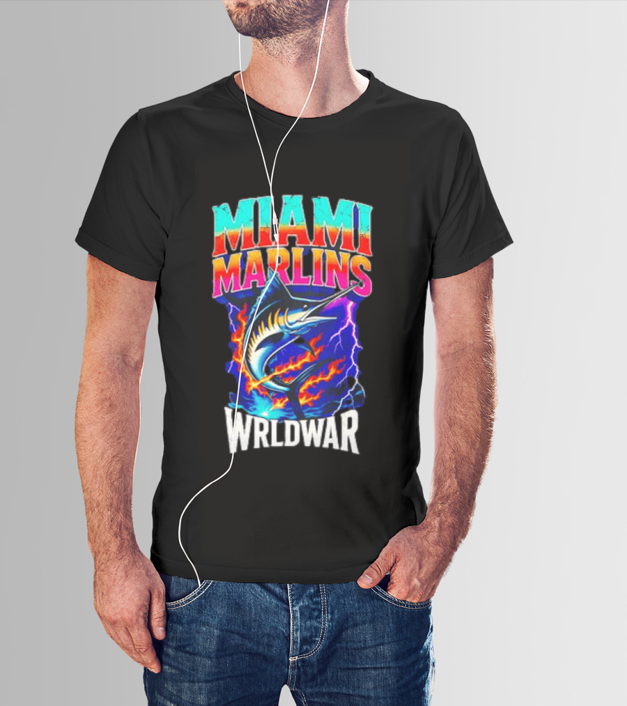 Miami Marlins Wrldwar Lightning Flame Marlin T-Shirt