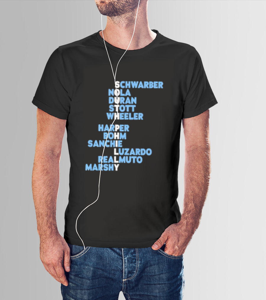 Philadelphia Phillies South Philly Baseball Player Names 2026 Schwaber Nola Duran Stott Wheeler Harper Bohm Sanchez Luzardo Realmuto Marsh T-Shirt