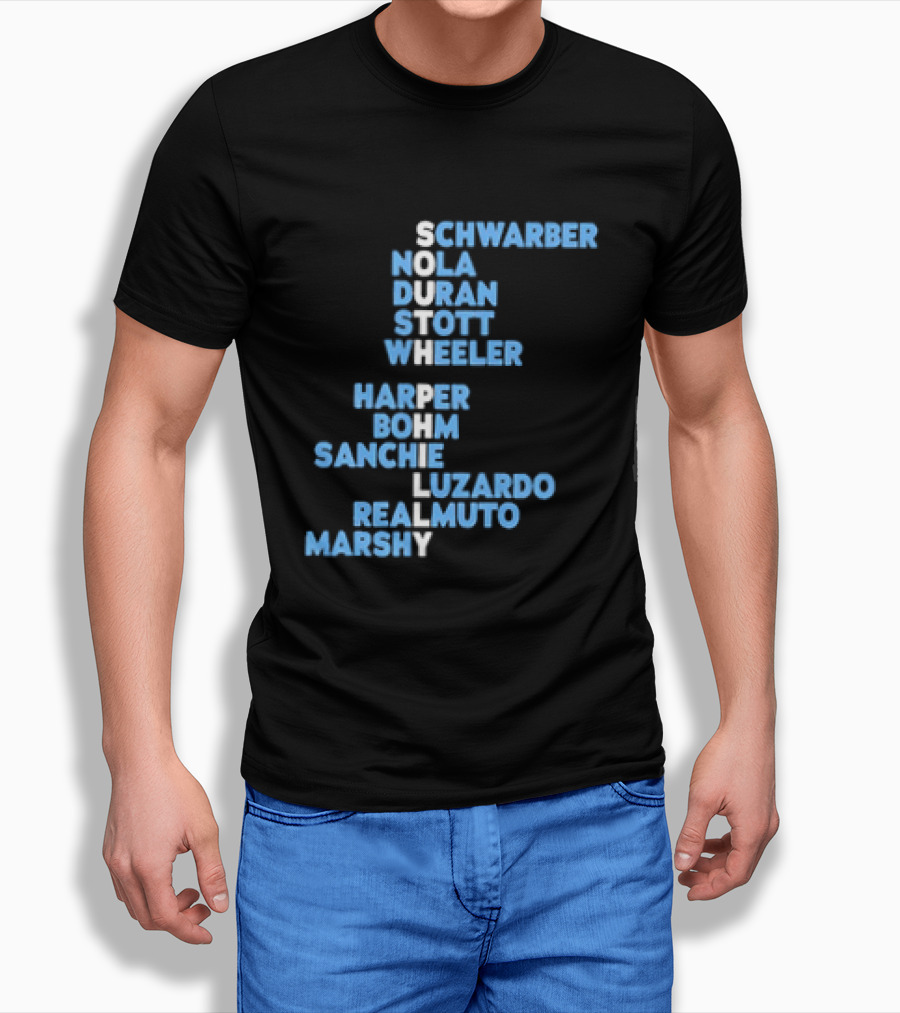Philadelphia Phillies South Philly Baseball Player Names 2026 Schwaber Nola Duran Stott Wheeler Harper Bohm Sanchez Luzardo Realmuto Marsh T-Shirt