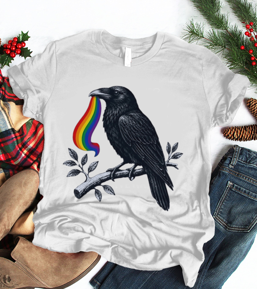 Rainbow Raven Pride Bird Holding Colorful Ribbon On Branch T-Shirt
