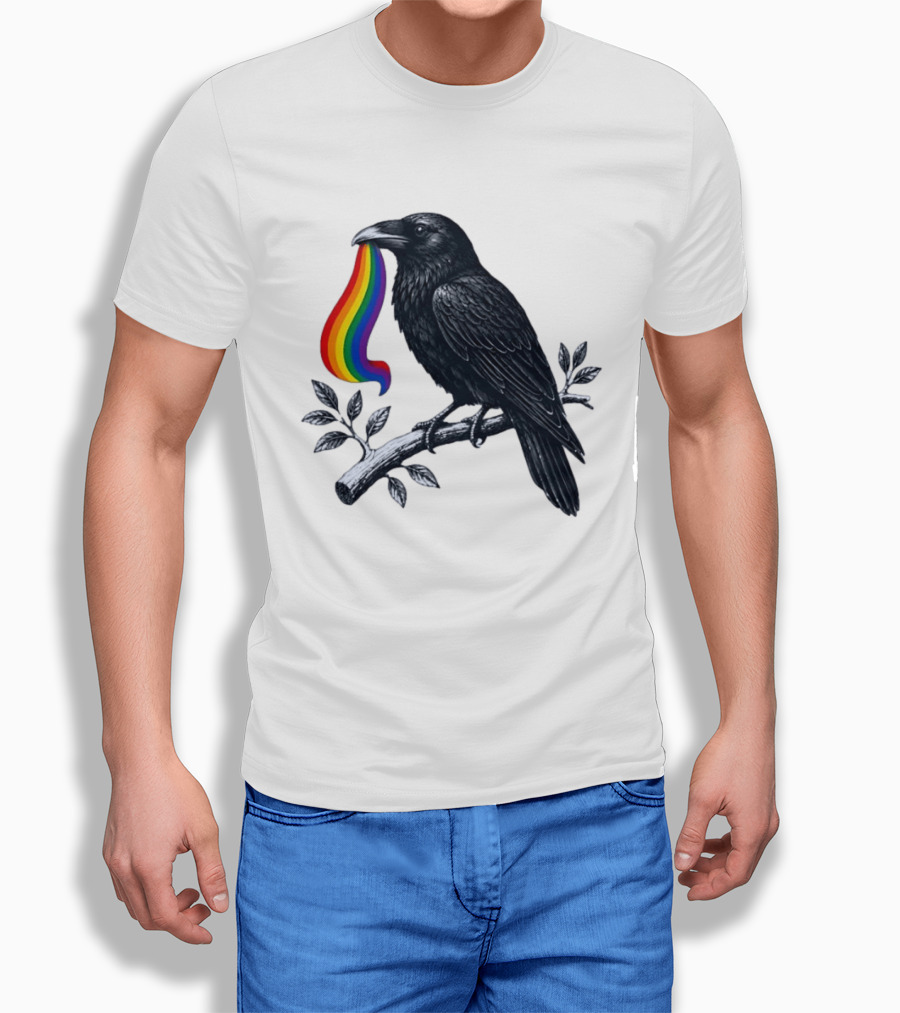 Rainbow Raven Pride Bird Holding Colorful Ribbon On Branch T-Shirt