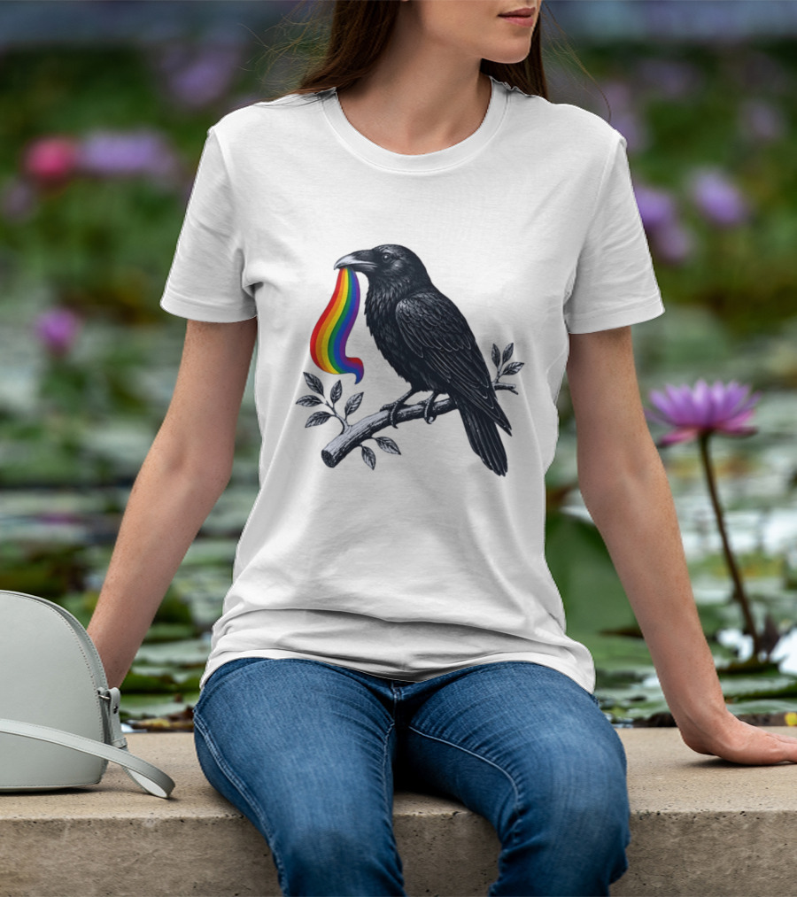 Rainbow Raven Pride Bird Holding Colorful Ribbon On Branch T-Shirt