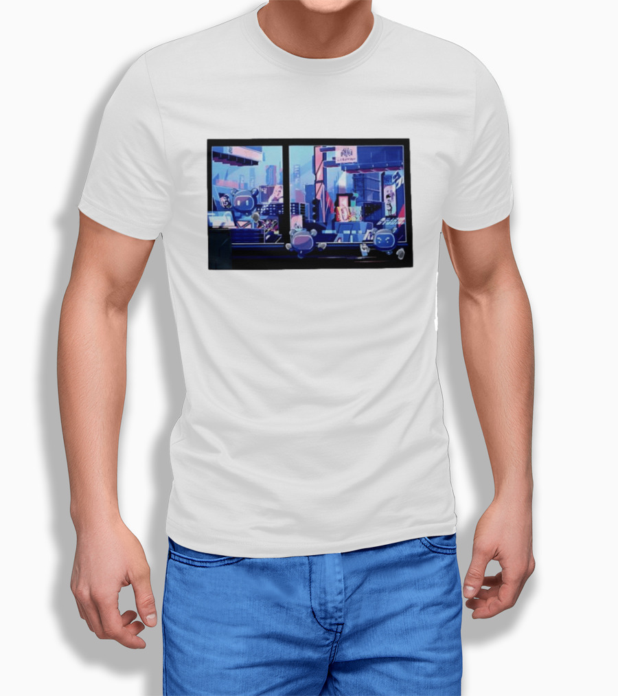 Lit Bot Apts Robots Futuristic City Skyline Pixel T-Shirt