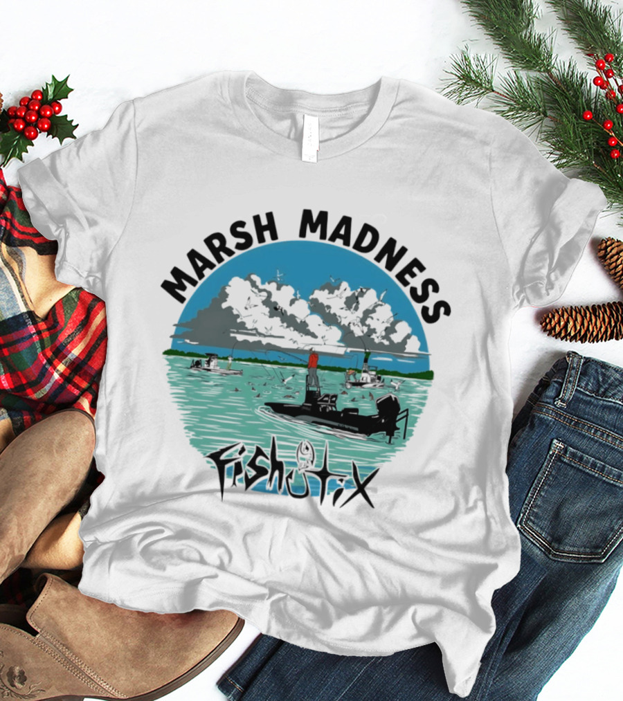 Marsh Madness Fishstix Boat Fishing Scene T-Shirt