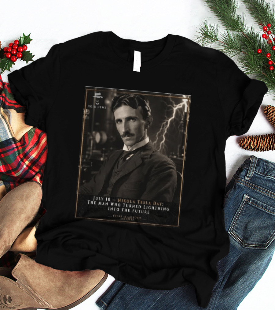 July 10 Nikola Tesla Day The Man Who Turned Lightning Into The Future Noir News Edgar Allan Poets Archives T-Shirt