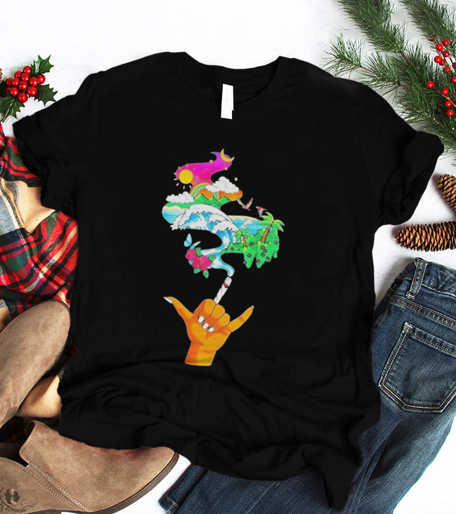 Shaka Hand Gesture With Tropical Island Wave And Colorful Clouds T-Shirt