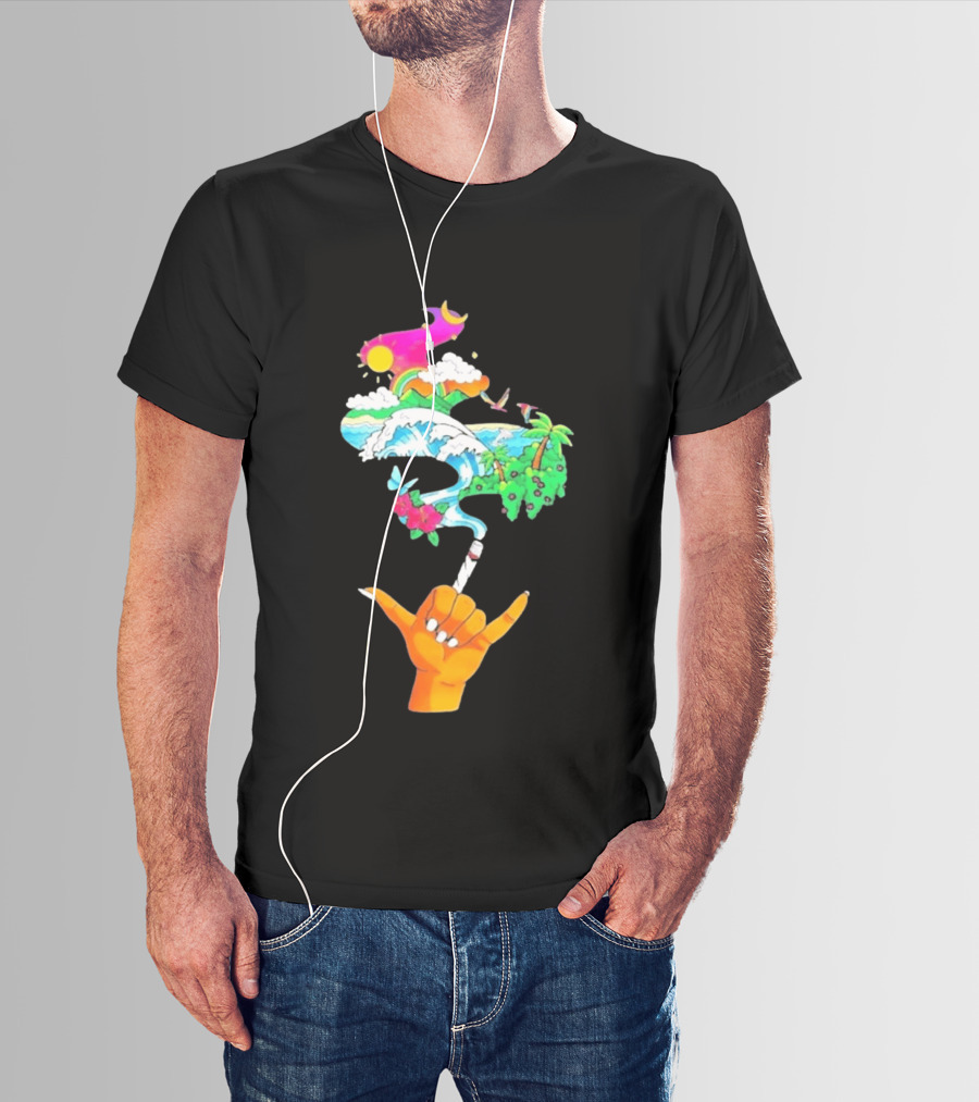 Shaka Hand Gesture With Tropical Island Wave And Colorful Clouds T-Shirt