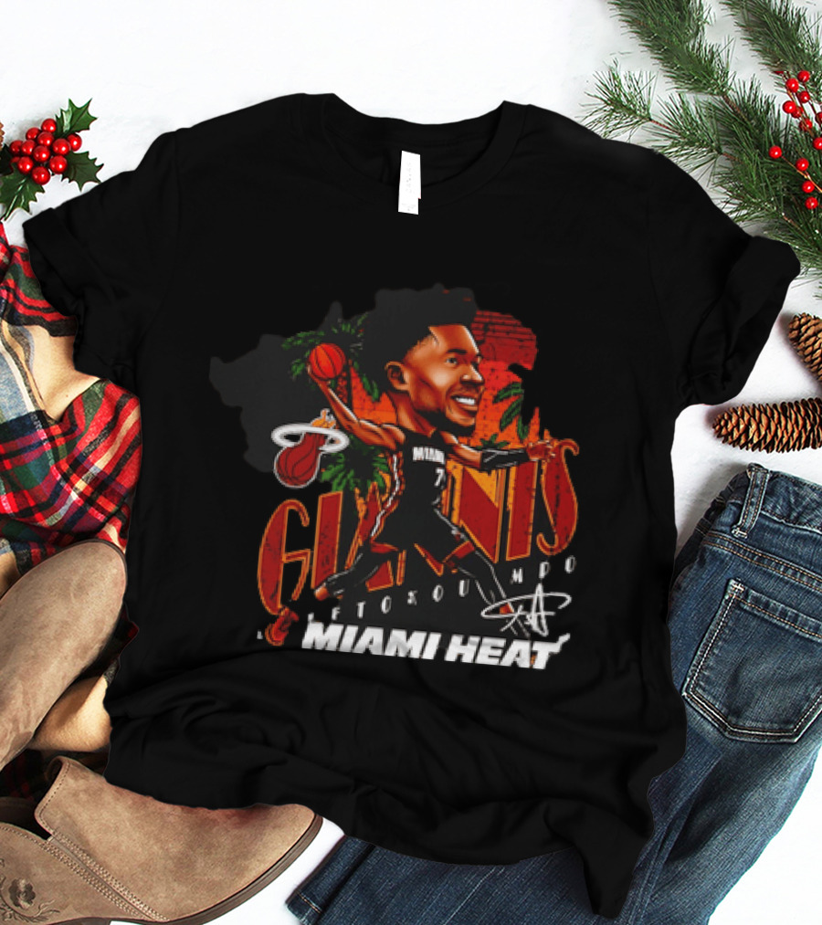 Giannis Antetokounmpo Miami Heat Cartoon Basketball Graphic Palm Trees T-Shirt
