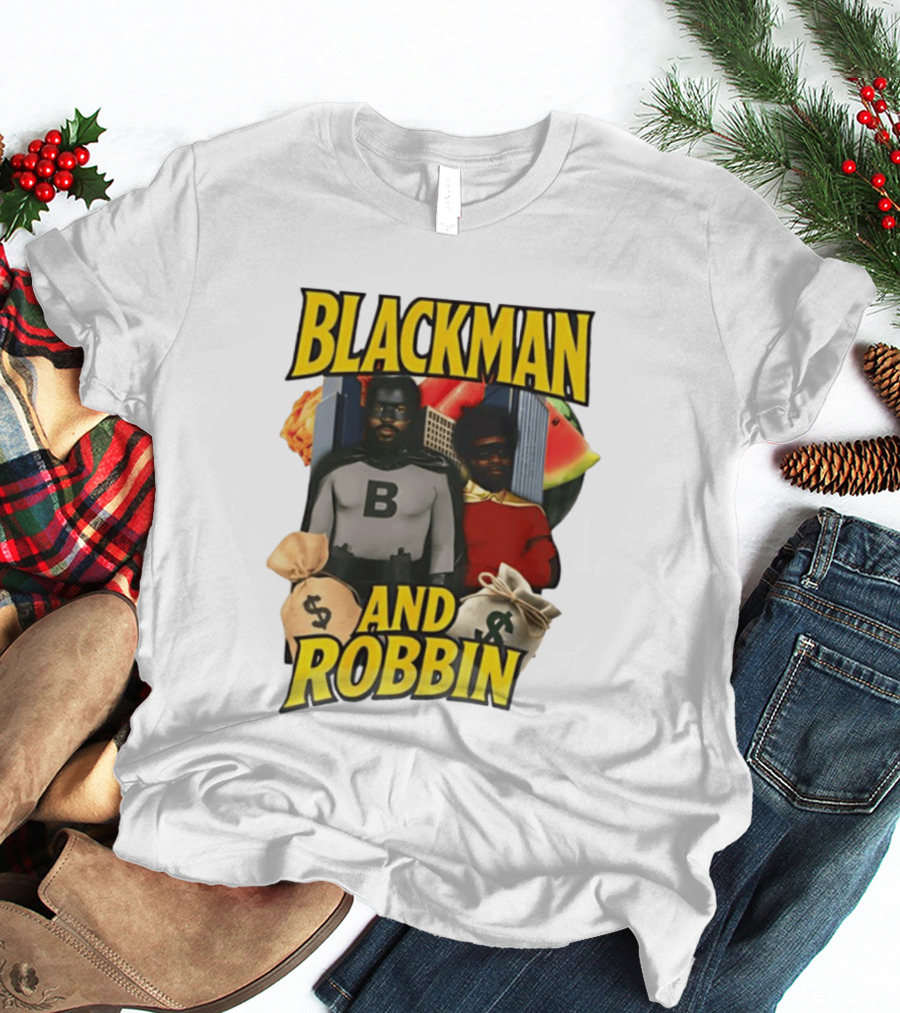 Blackman And Robbin Superhero Satire Comedy Money Bags Cityscape T-Shirt