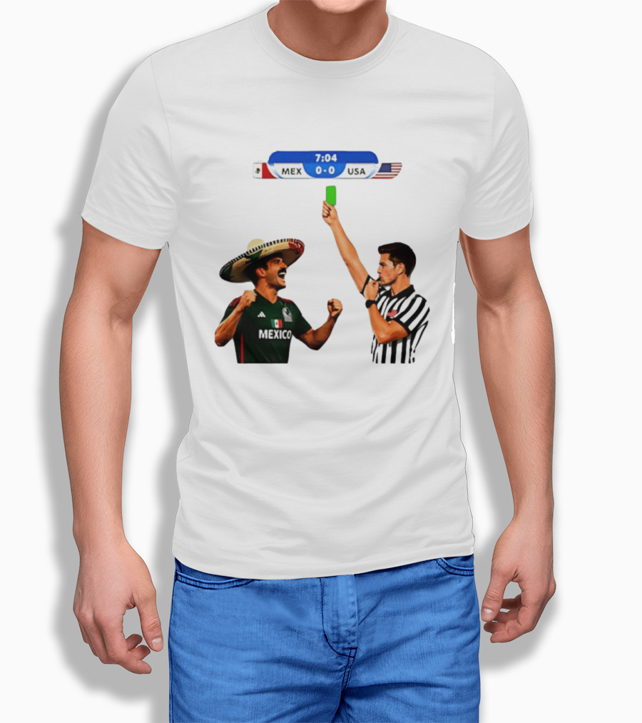 Mexico Vs USA Soccer Match 7:04 Scoreboard Referee Green Card T-Shirt