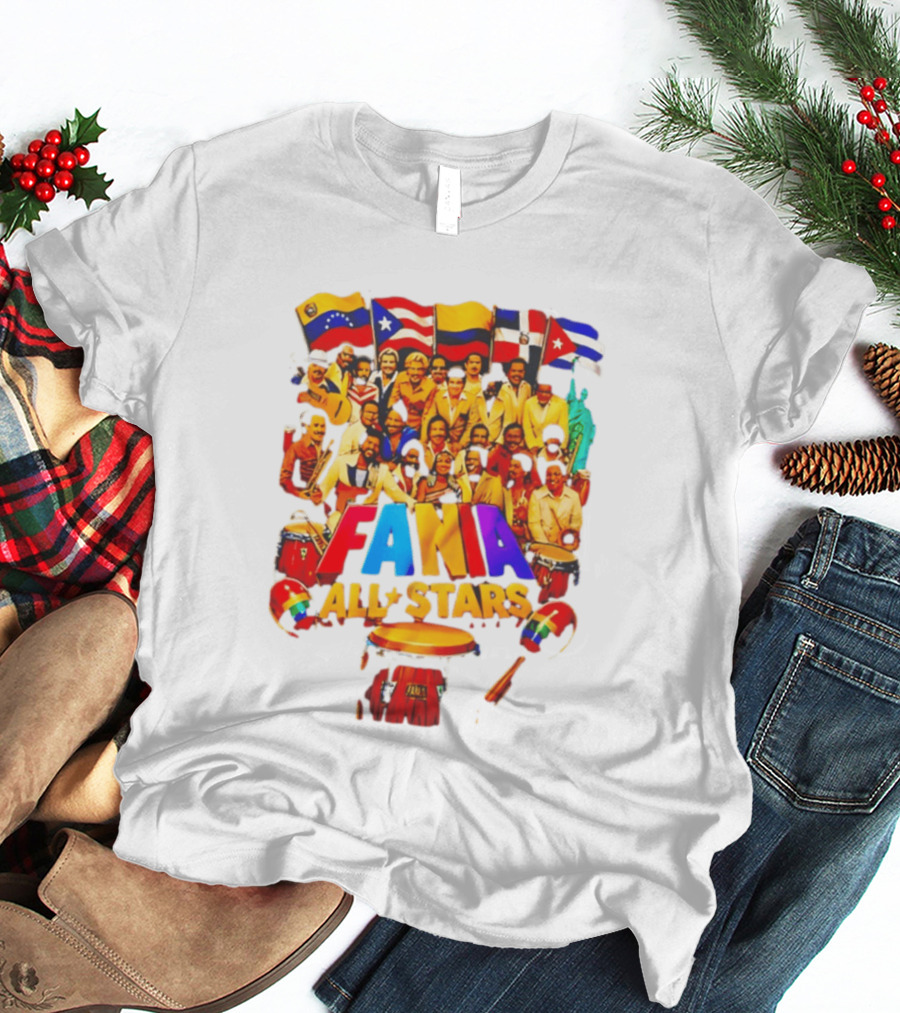 Fania All Stars Band With Colorful Flags And Musical Instruments T-Shirt
