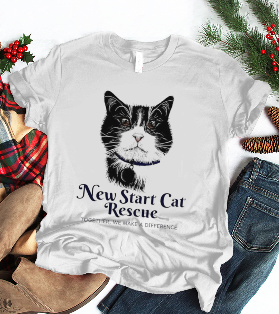 New Start Cat Rescue Together We Make A Difference Black And White Cat T-Shirt
