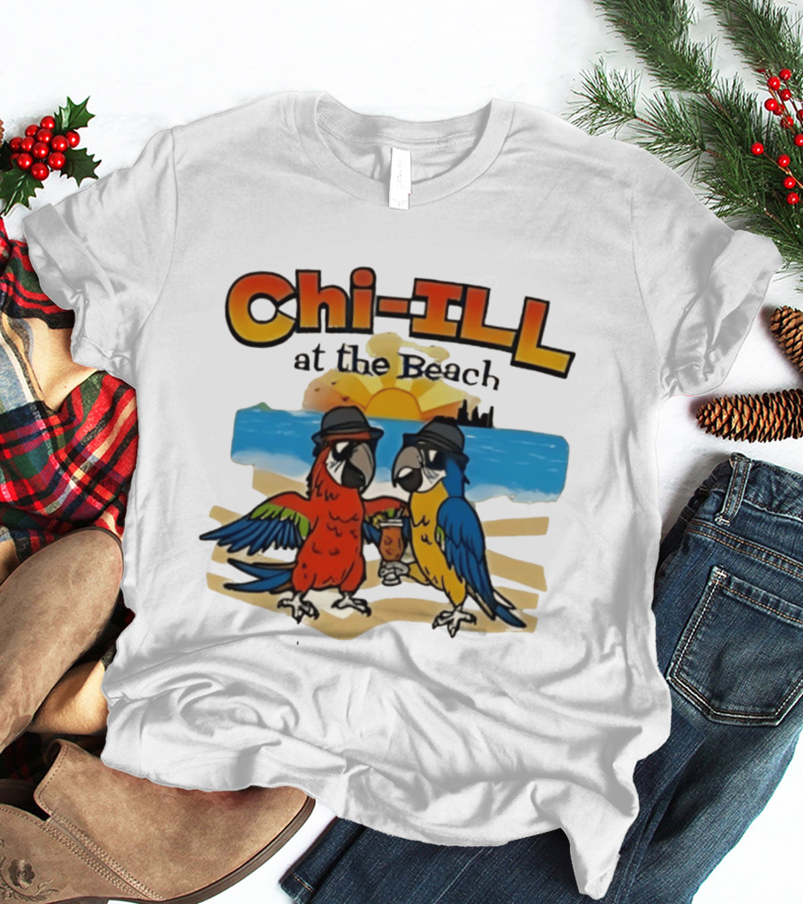 Chi ILL At The Beach Parrots With Hats And Sunset Scene T-Shirt