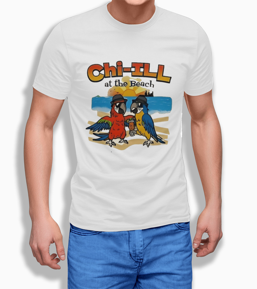 Chi ILL At The Beach Parrots With Hats And Sunset Scene T-Shirt