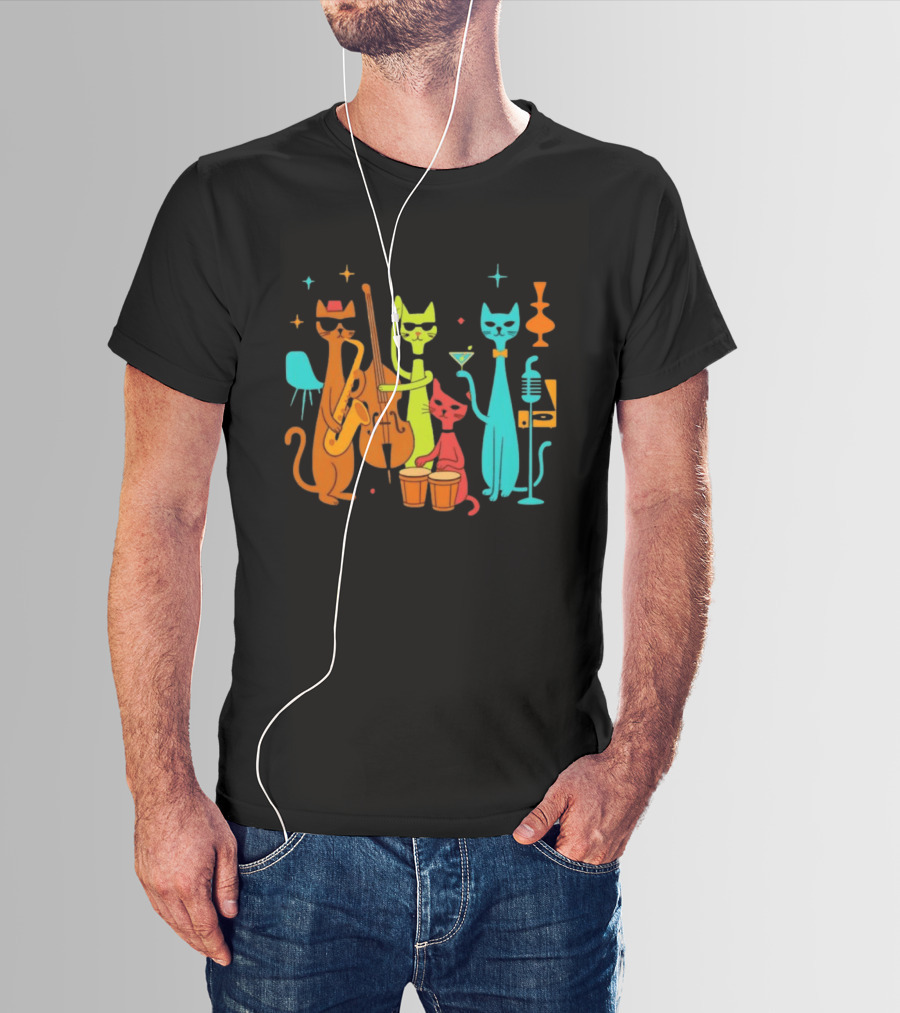 Jazz Cat Quartet Playing Instruments Bass Bongo Trumpet Martini T-Shirt