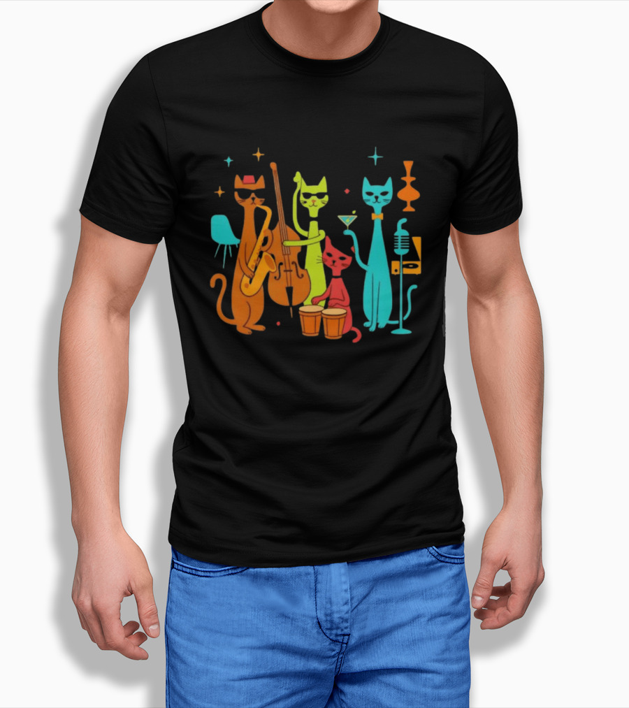 Jazz Cat Quartet Playing Instruments Bass Bongo Trumpet Martini T-Shirt