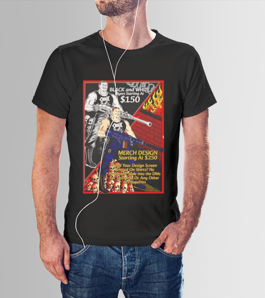 Crux Black And White Flyers And Merch Services Skulls And Flames Promo T-Shirt