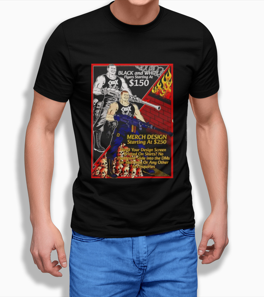 Crux Black And White Flyers And Merch Services Skulls And Flames Promo T-Shirt