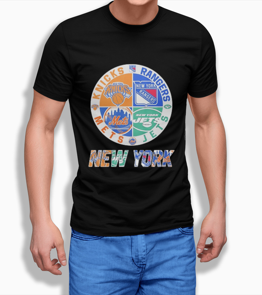 New York Knicks Rangers Mets Jets Fan Logos NY Sports Team Circle T-Shirt