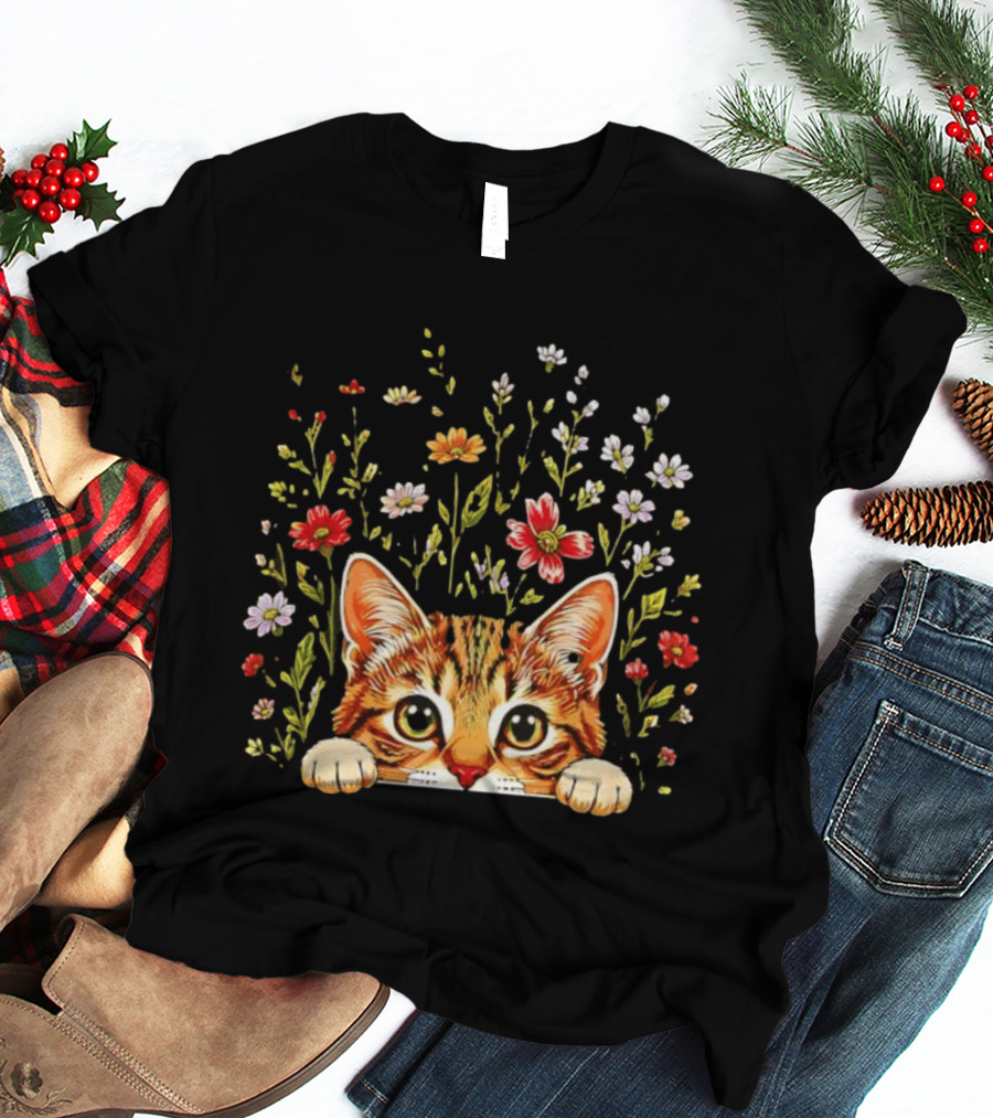 Tabby Kitten Head Through Wildflowers Florals T-Shirt