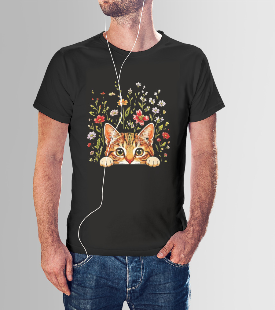 Tabby Kitten Head Through Wildflowers Florals T-Shirt