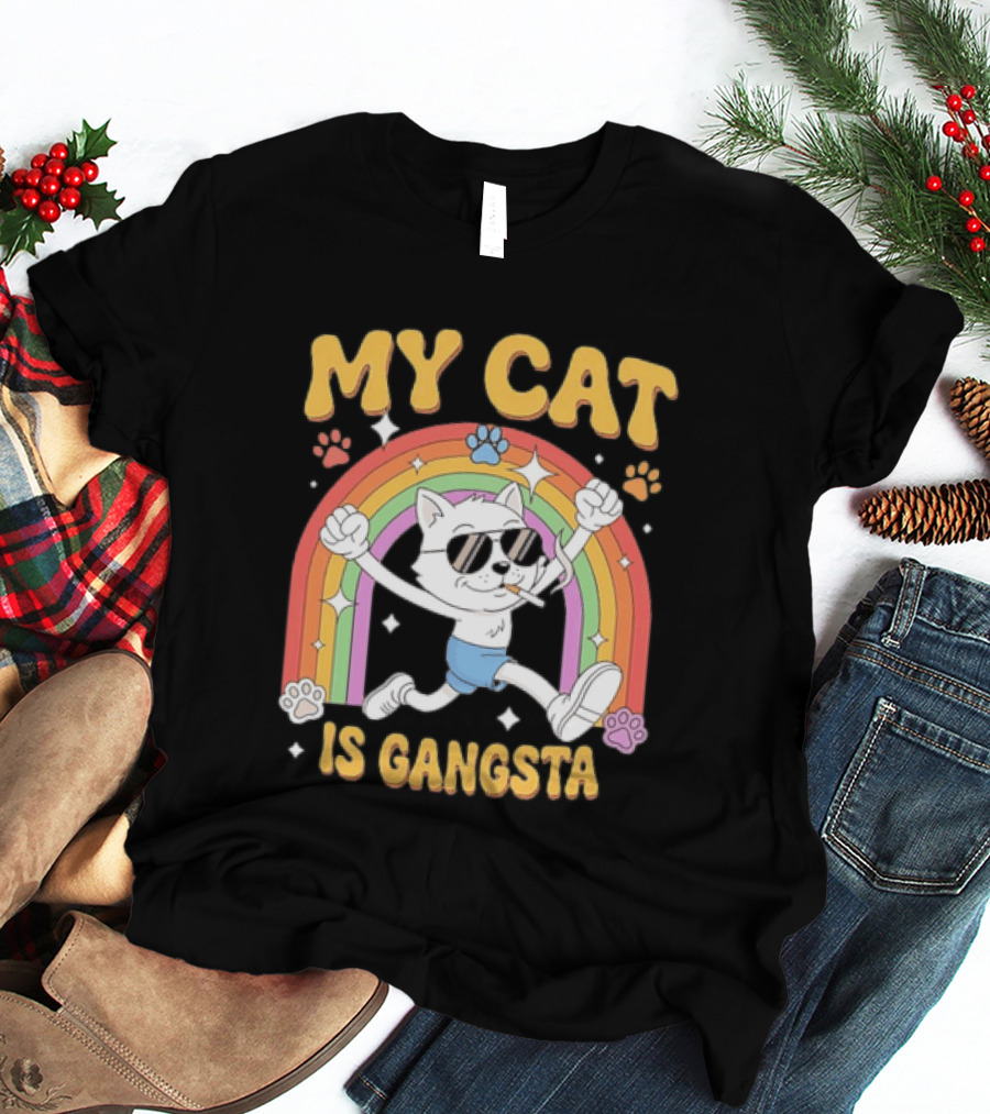 My Cat Is Gangsta Rainbow Smoking Cat T-Shirt