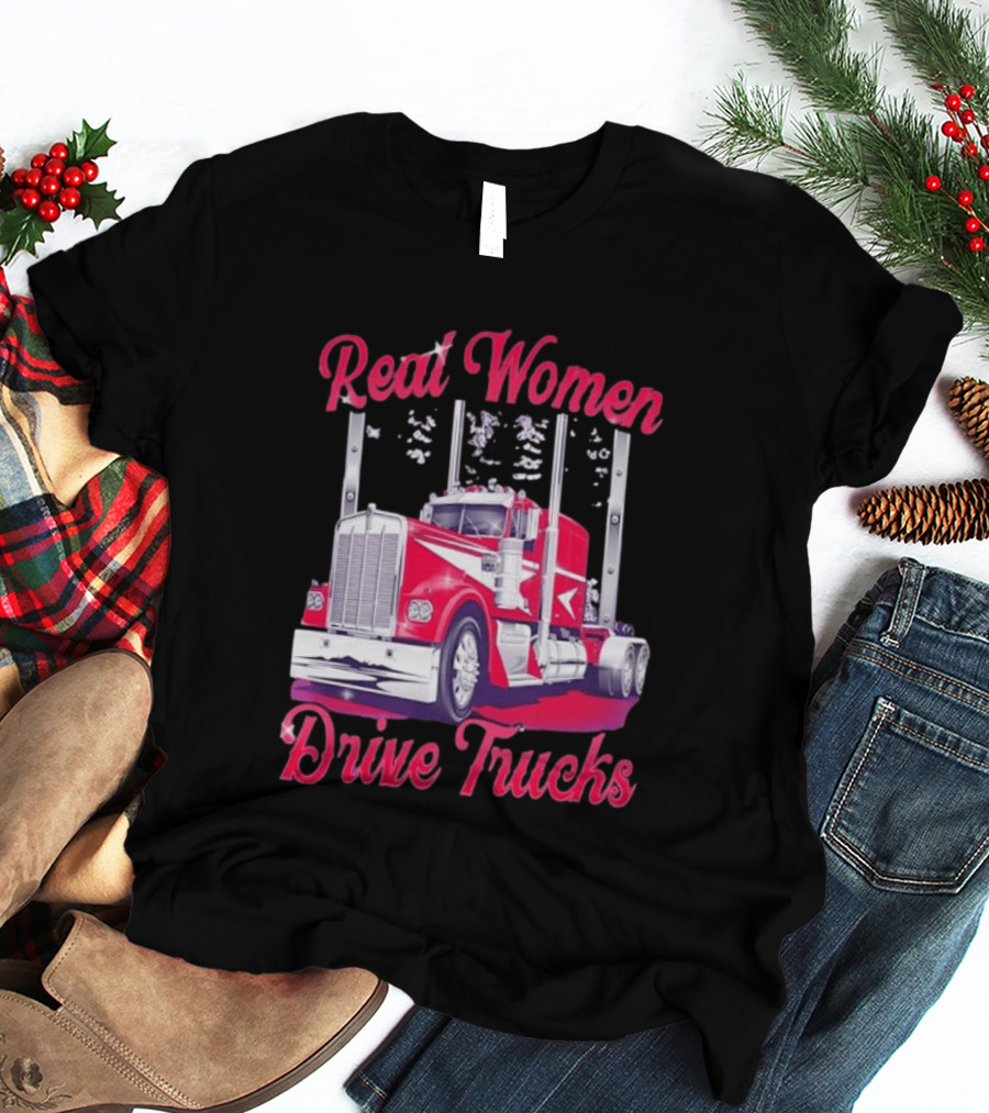 Real Women Drive Trucks Semi Truck With Flowers T-Shirt