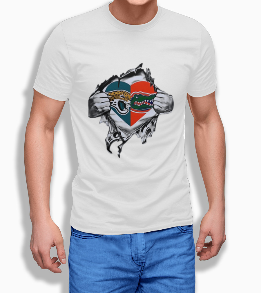 Heart Jacksonville Jaguars Florida Gators Ripped Chest T-Shirt