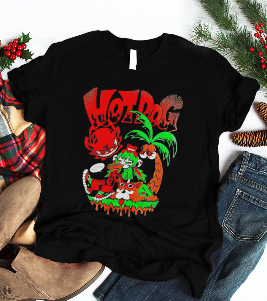 Hotdog Atsusugi Girl With Bear Hat And Dog Under Palm Tree T-Shirt