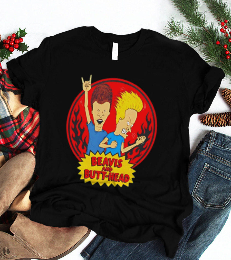 Beavis And Butt Head Rocking Out Flames Circle T-Shirt
