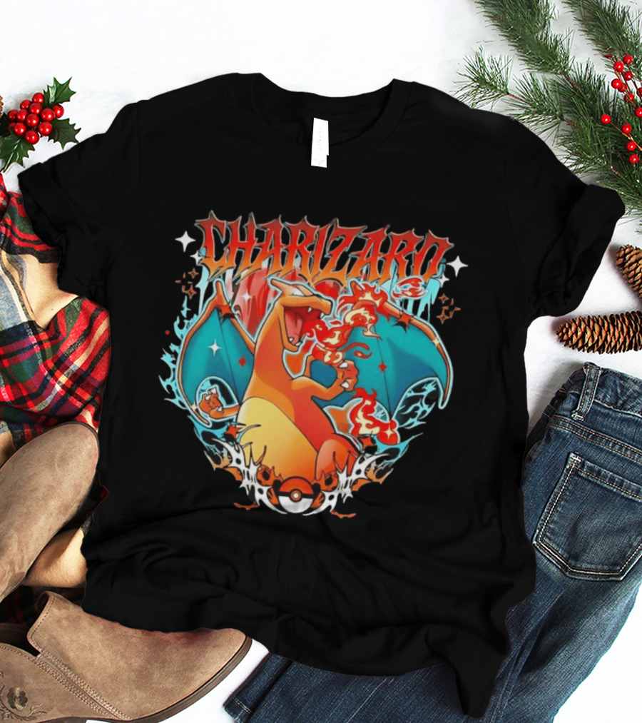 Charizard Pokemon CHARIZARO Fire Dragon With Pokeball And Flames T-Shirt