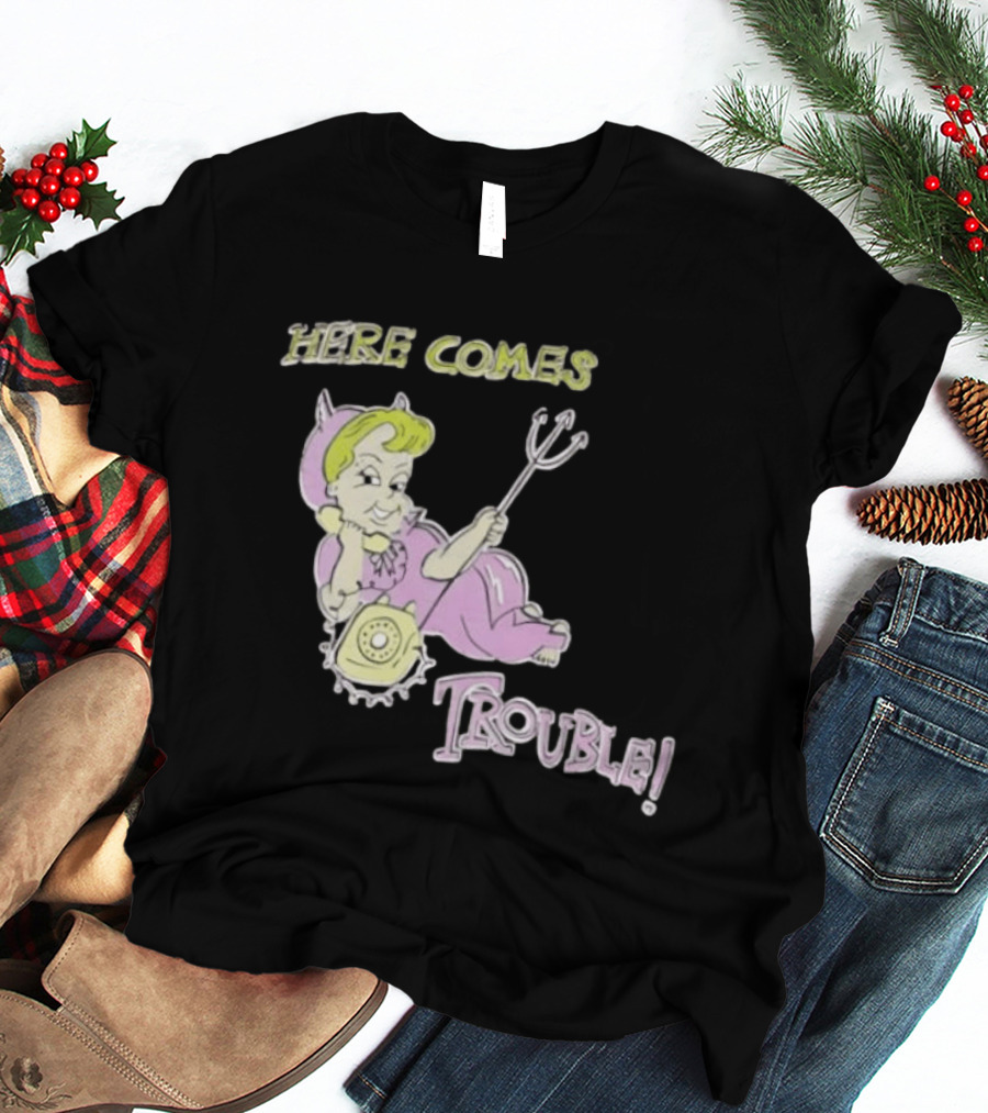 Here Comes Trouble Devil Baby With Pitchfork And Telephone T-Shirt