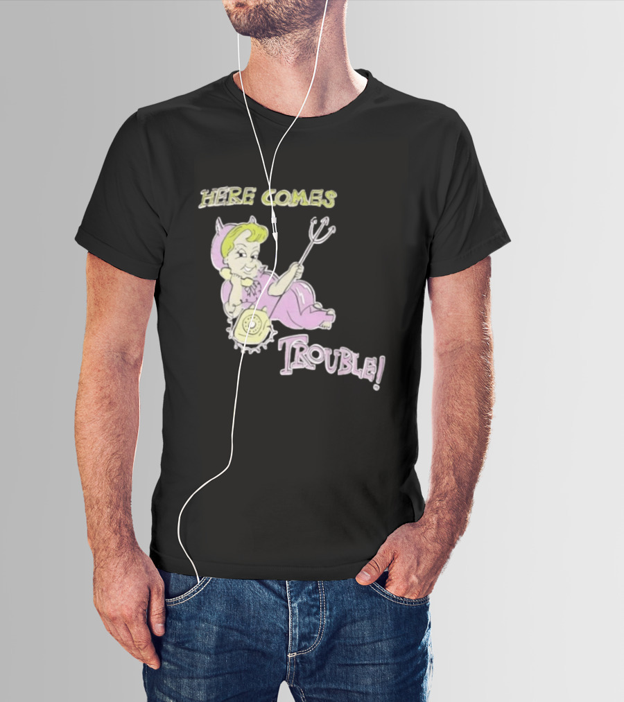 Here Comes Trouble Devil Baby With Pitchfork And Telephone T-Shirt