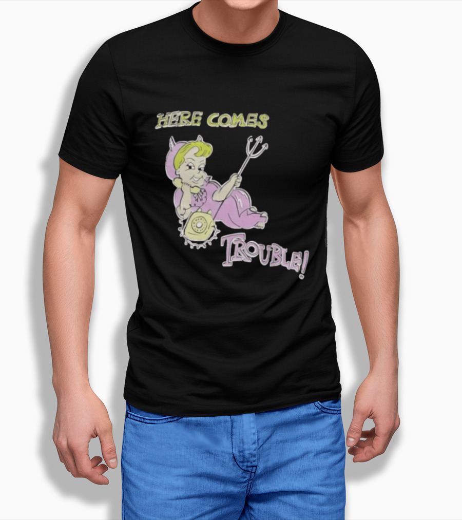 Here Comes Trouble Devil Baby With Pitchfork And Telephone T-Shirt