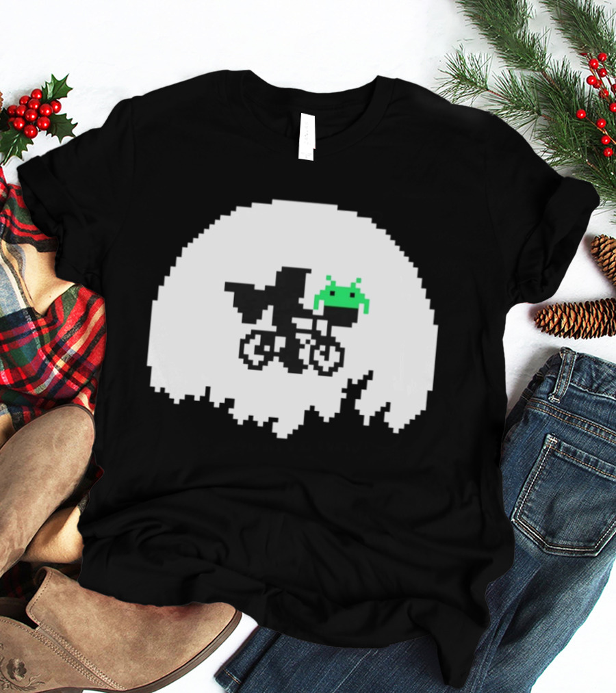 Elliott And Extra Terrestrial On Bicycle With Space Invader Pixel T-Shirt