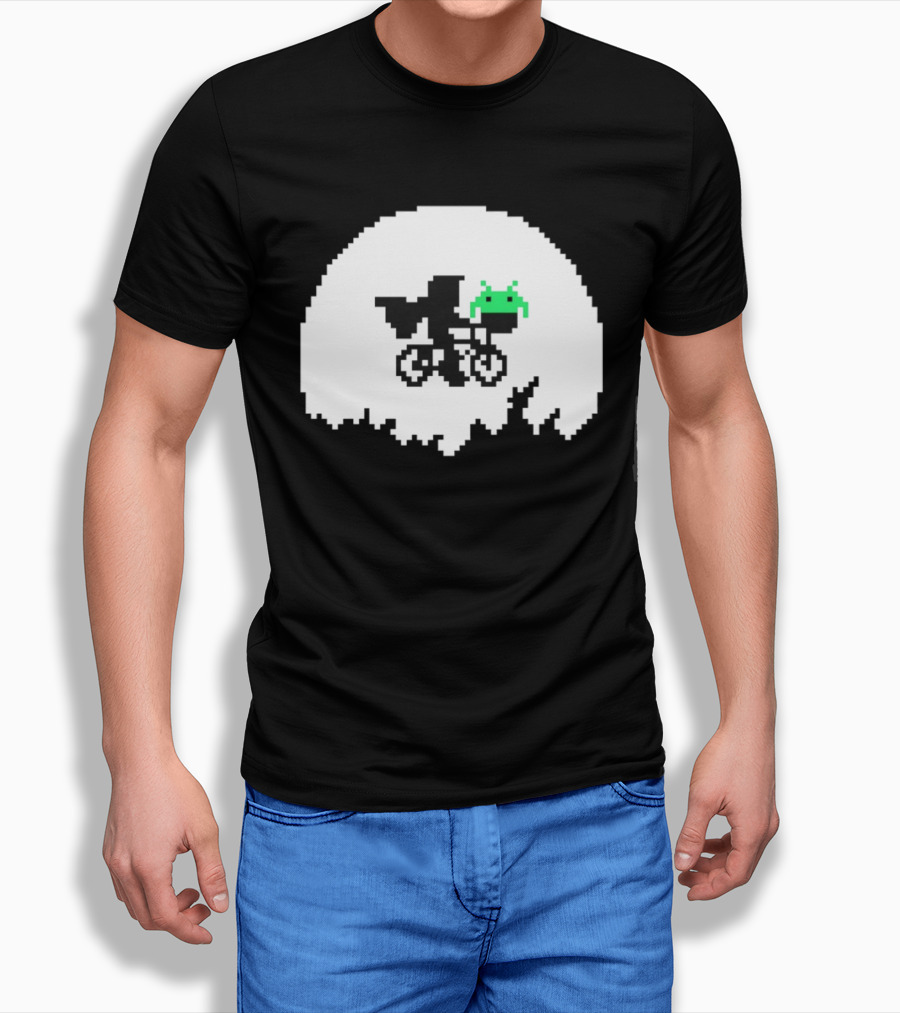 Elliott And Extra Terrestrial On Bicycle With Space Invader Pixel T-Shirt