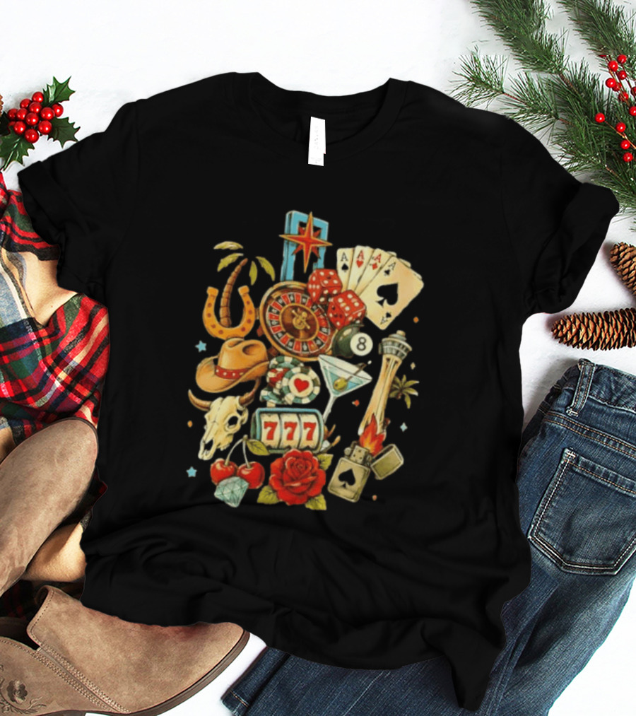 Las Vegas Casino Lucky Seven Poker Ace Of Spades Roulette Dice Palm Tree Horseshoe Rose Martini Skyscraper T-Shirt