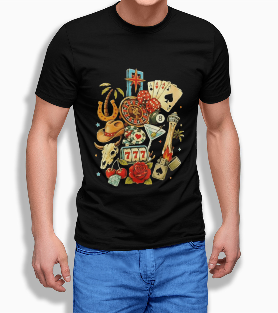 Las Vegas Casino Lucky Seven Poker Ace Of Spades Roulette Dice Palm Tree Horseshoe Rose Martini Skyscraper T-Shirt