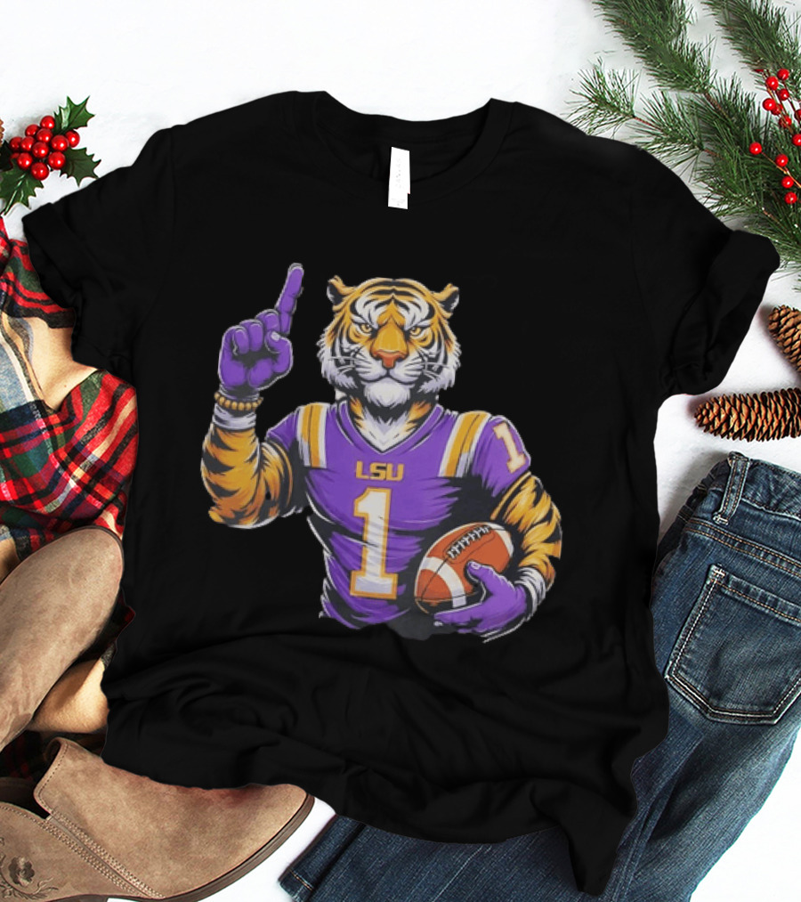 LSU Tiger Football Pointing Number 1 Holding Ball T-Shirt
