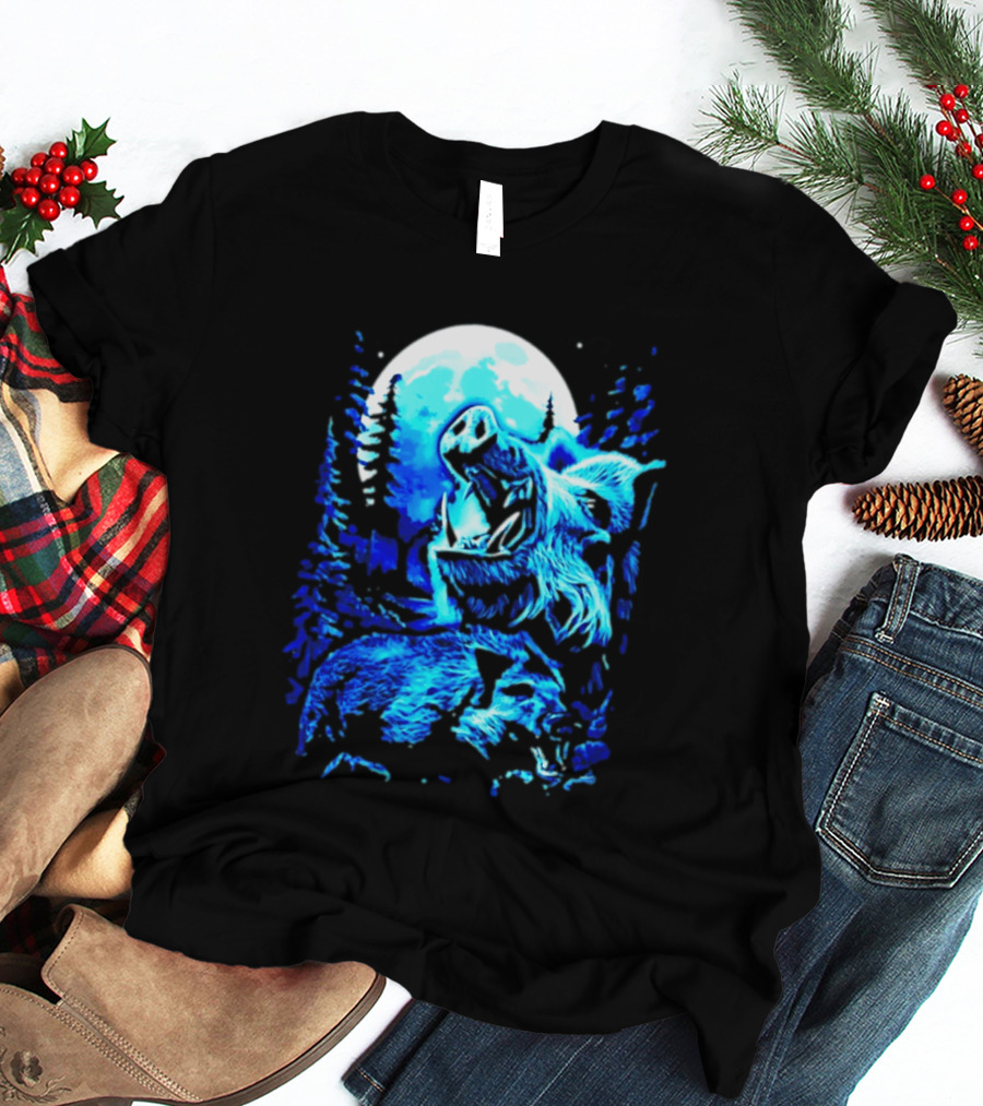 Wild Boar Howling At The Moon Under Mystical Forest Night Sky T-Shirt