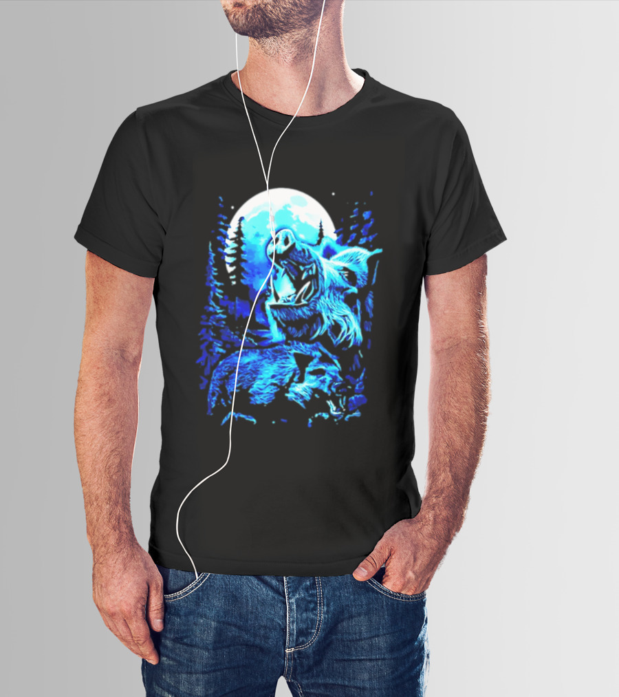 Wild Boar Howling At The Moon Under Mystical Forest Night Sky T-Shirt