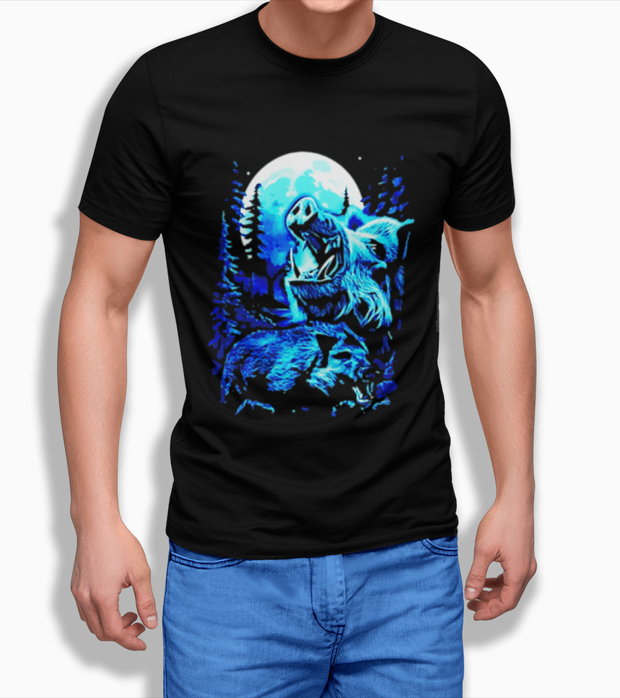 Wild Boar Howling At The Moon Under Mystical Forest Night Sky T-Shirt