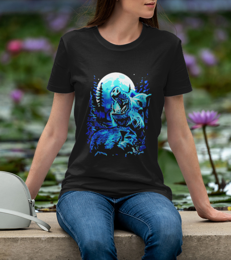 Wild Boar Howling At The Moon Under Mystical Forest Night Sky T-Shirt