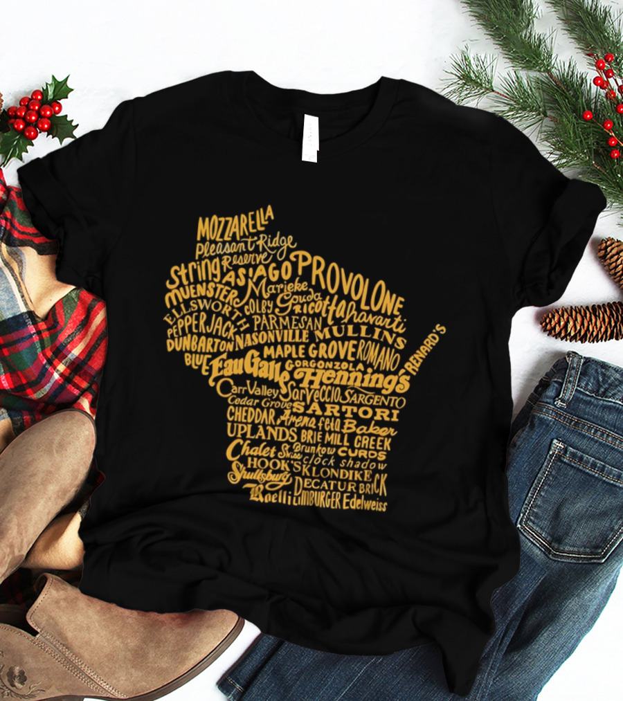 Wisconsin Cheese Map Eau Galle Cheddar Provolone Mozzarella Gouda Asiago Parmigiano Ullands T-Shirt