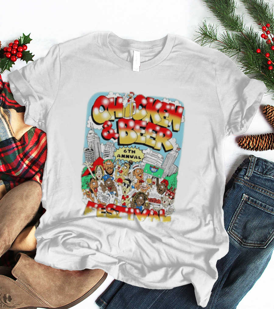6th Annual Chicken & Beer Festival Indianapolis Cartoon Cityscape Crowd Fun T-Shirt