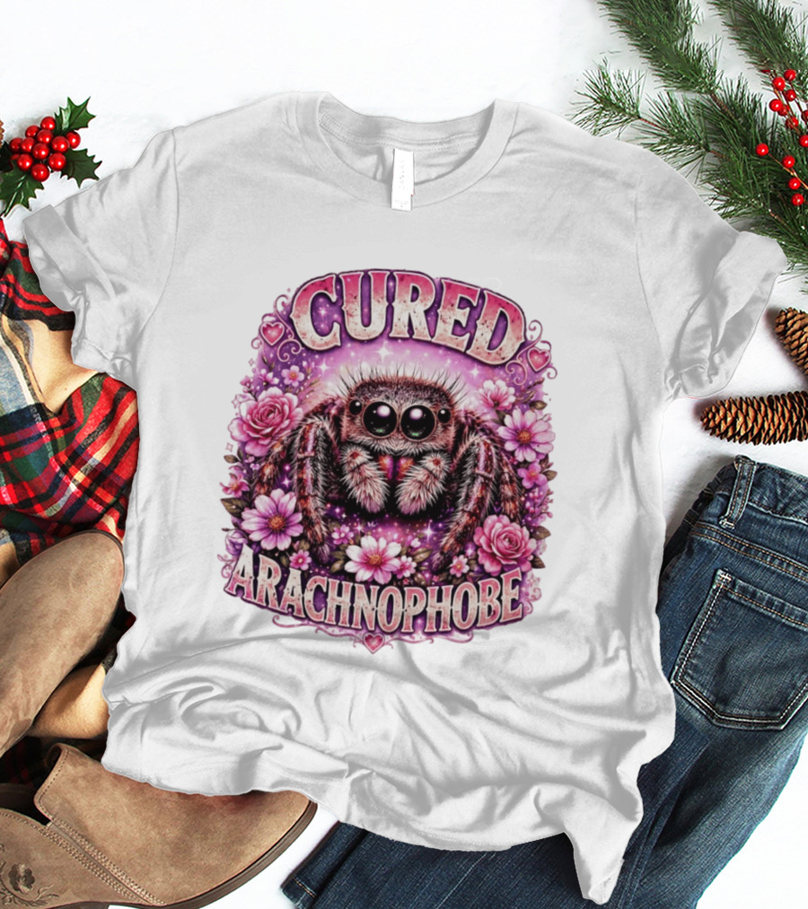Cured Arachnophobe Jumping Spider Floral Hearts And Flowers T-Shirt
