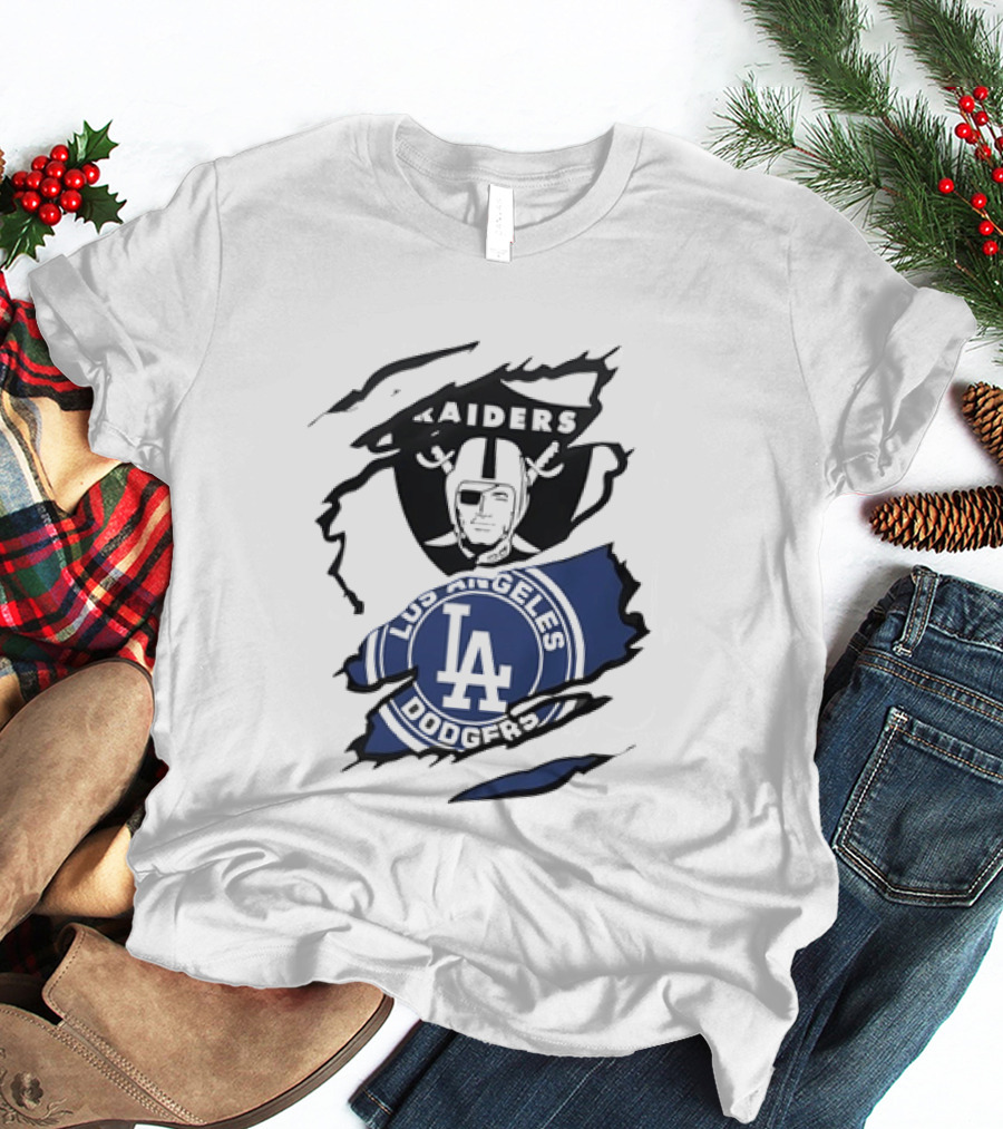 Raiders Los Angeles Dodgers Ripped Effect NFL MLB Crossover Fan Gear T-Shirt