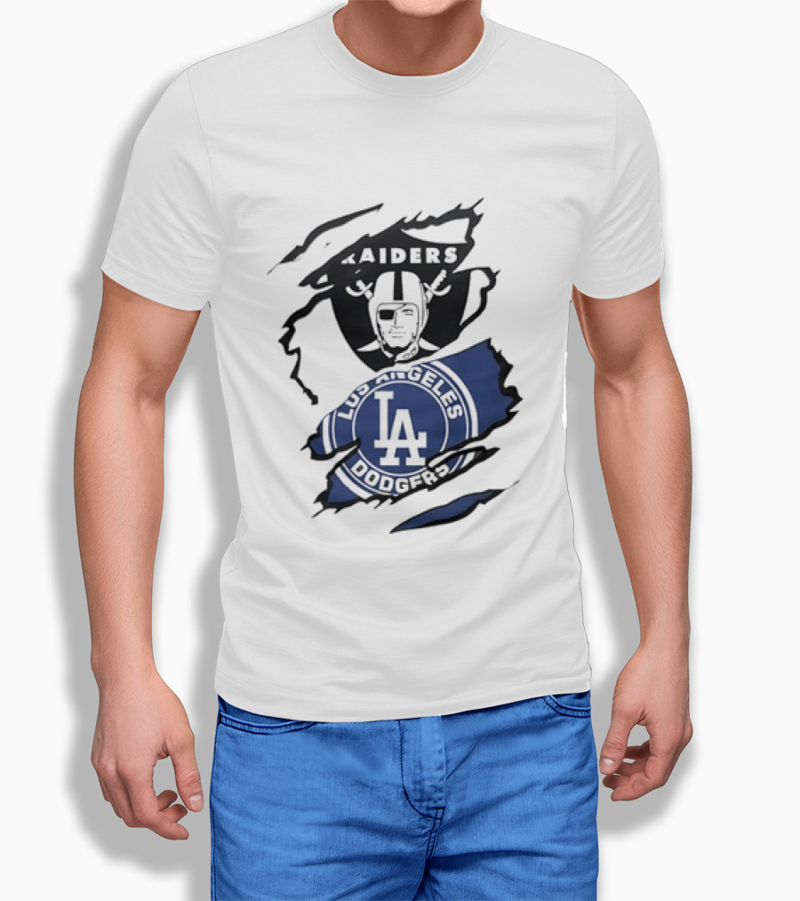 Raiders Los Angeles Dodgers Ripped Effect NFL MLB Crossover Fan Gear T-Shirt