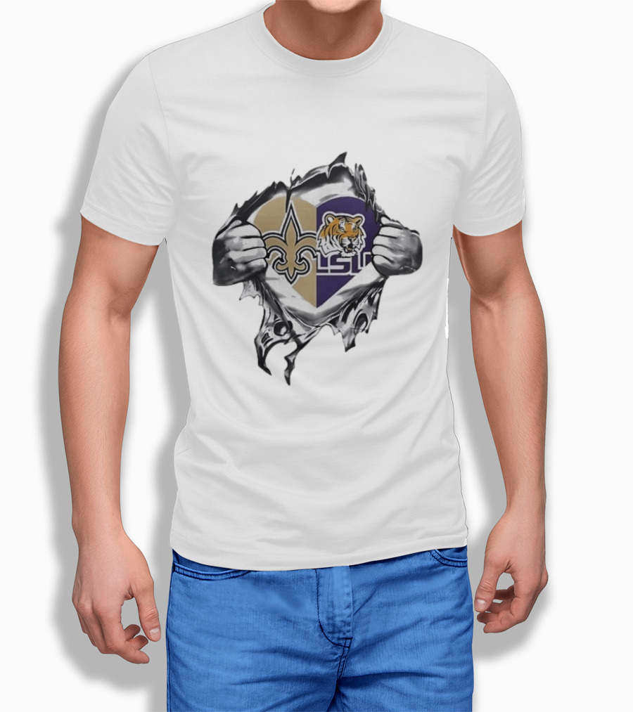 New Orleans Saints LSU Tigers Heart Hands Tearing Fleur De Lis Tiger Head T-Shirt